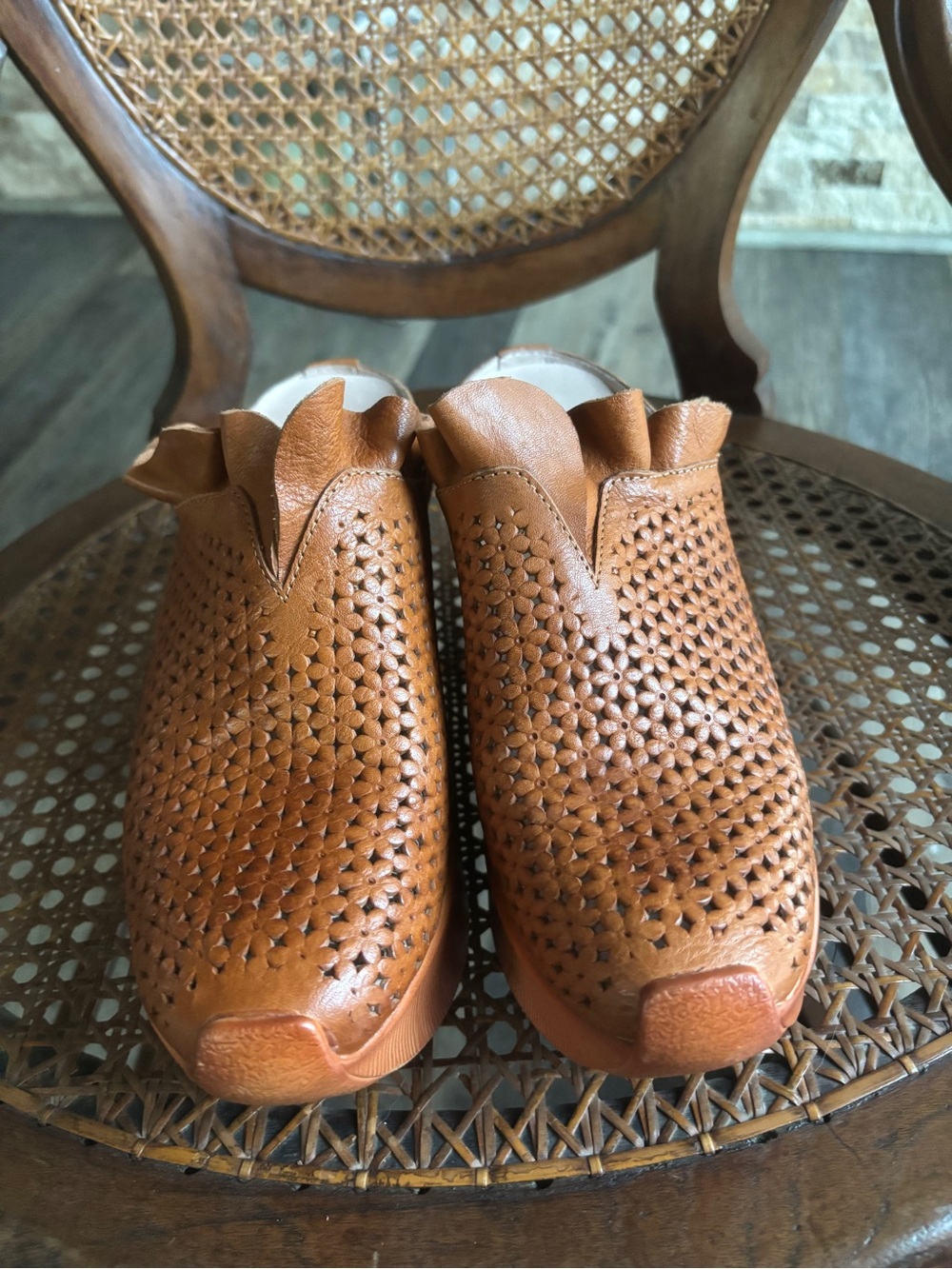Brown Perforated Leather Slip-On Shoes